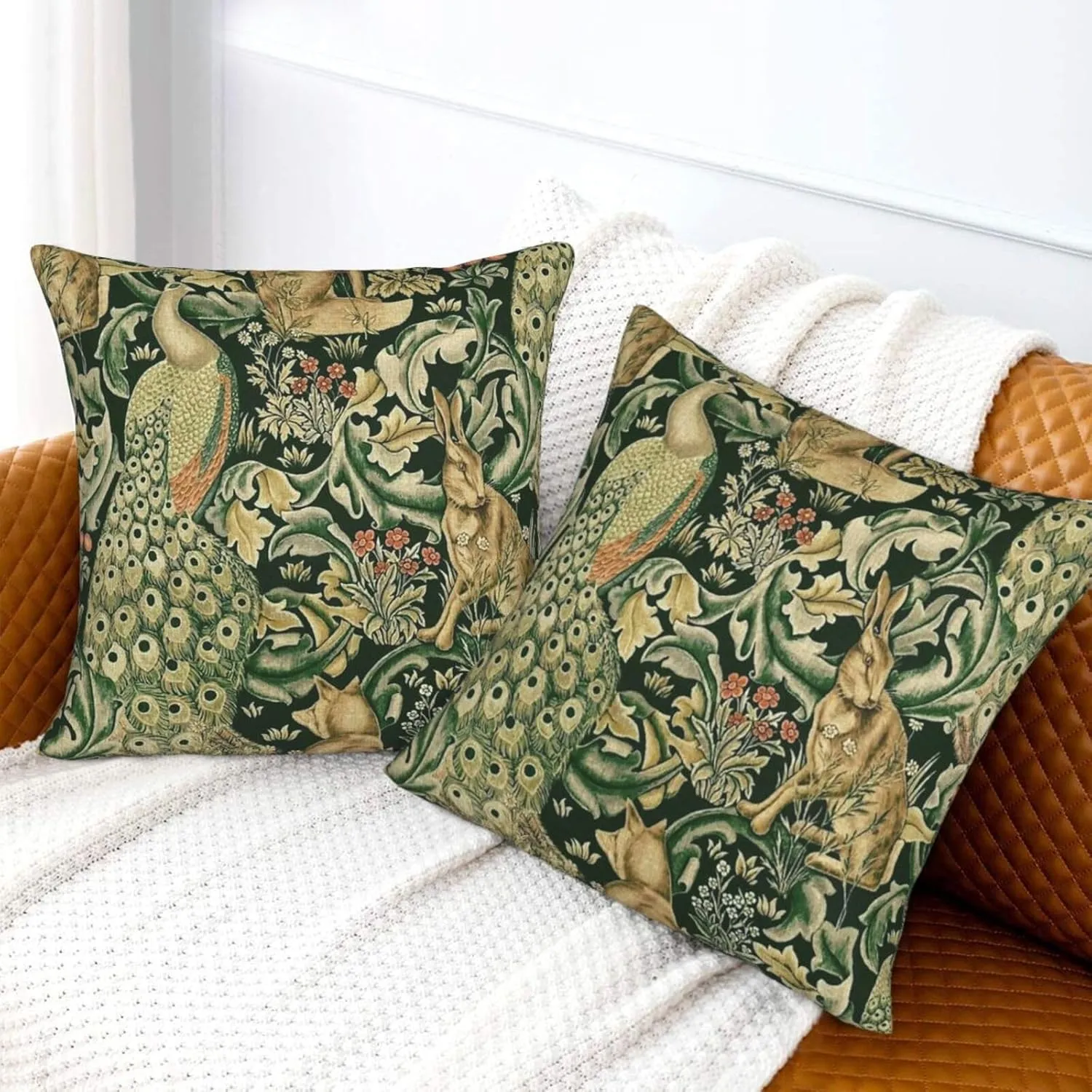 Set Of 2 William Green Forest Animals Peacocks Fox Hare Morris Throw Pillow Covers 18x18 Inch Aesthetic Pillow For Bedroom Decorative Pillowcase Home Decor Living Room Cushion Case For Bed Sofa Couch