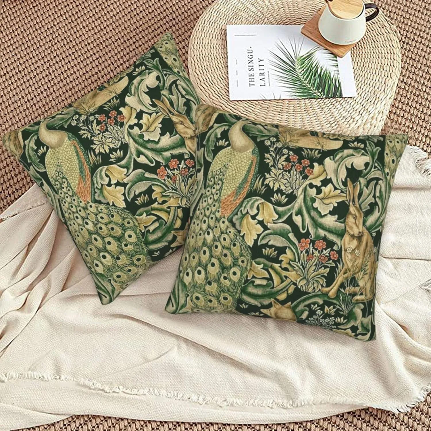 Set Of 2 William Green Forest Animals Peacocks Fox Hare Morris Throw Pillow Covers 18x18 Inch Aesthetic Pillow For Bedroom Decorative Pillowcase Home Decor Living Room Cushion Case For Bed Sofa Couch