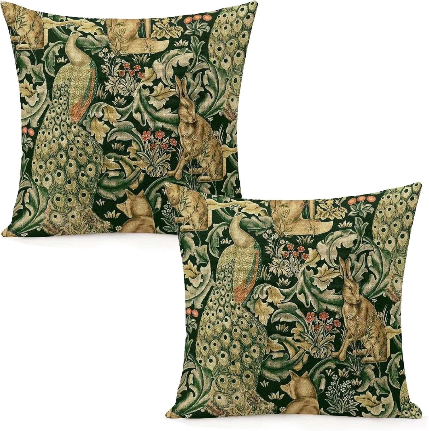 Set Of 2 William Green Forest Animals Peacocks Fox Hare Morris Throw Pillow Covers 18x18 Inch Aesthetic Pillow For Bedroom Decorative Pillowcase Home Decor Living Room Cushion Case For Bed Sofa Couch