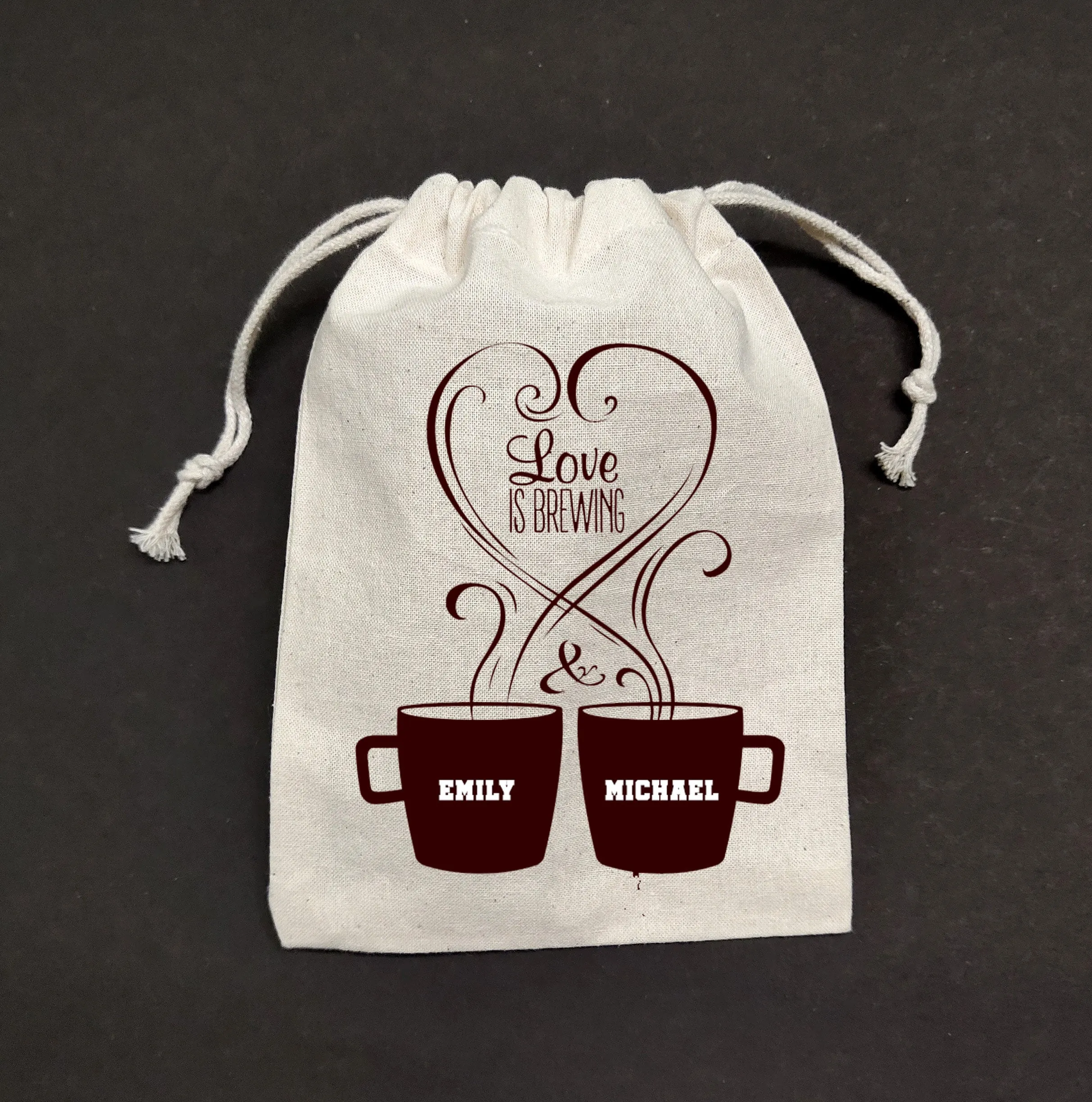 Set of 20-100 bags - Love is brewing, The Perfect Blend, cloth favor bag, coffee party favor, coffee bean bag, bridal tea favors