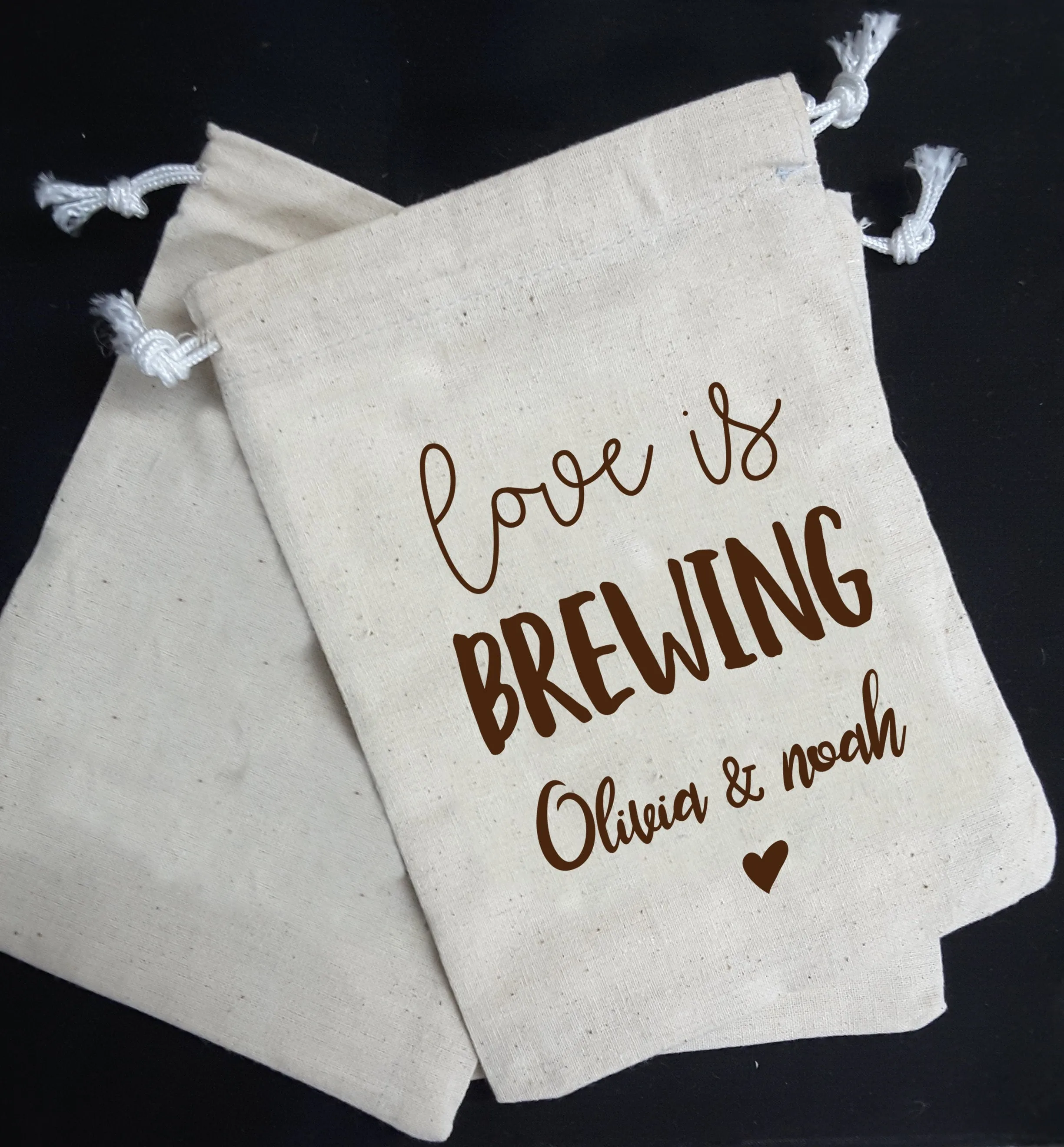 Set of 20-100 bags - Love is brewing, The Perfect Blend, cloth favor bag, coffee party favor, coffee bean bag, bridal tea favors