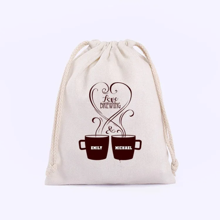 Set of 20-100 bags - Love is brewing, The Perfect Blend, cloth favor bag, coffee party favor, coffee bean bag, bridal tea favors