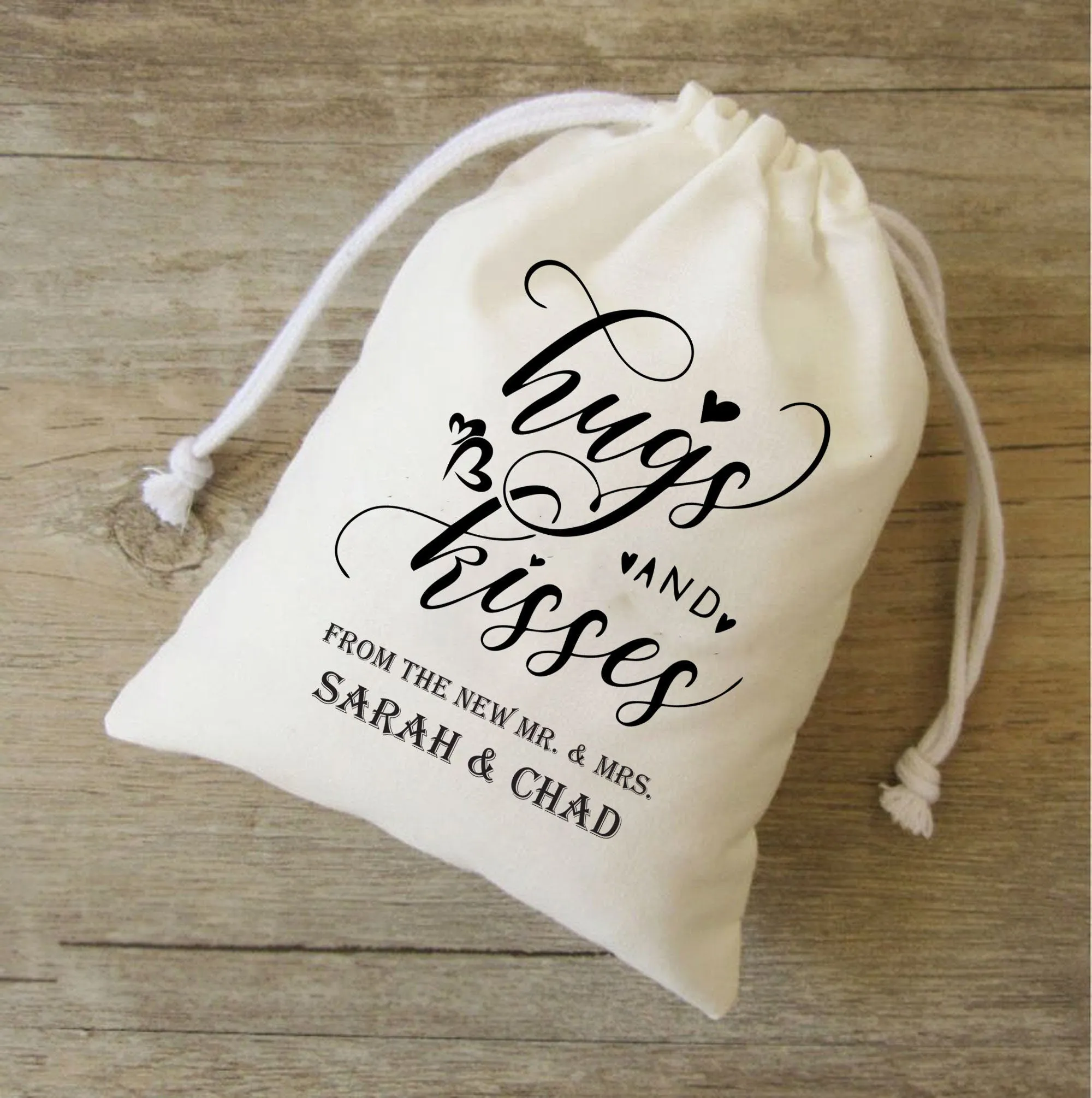 Set of 20-100 Hugs and Kisses from the new Mr. & Mrs. - Wedding Favour cotton Bags - Candy Bags for Wedding, gift bags, wedding welcome bags