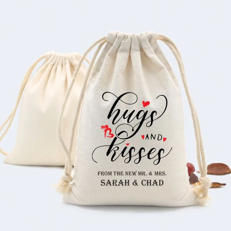 Set of 20-100 Hugs and Kisses from the new Mr. & Mrs. - Wedding Favour cotton Bags - Candy Bags for Wedding, gift bags, wedding welcome bags