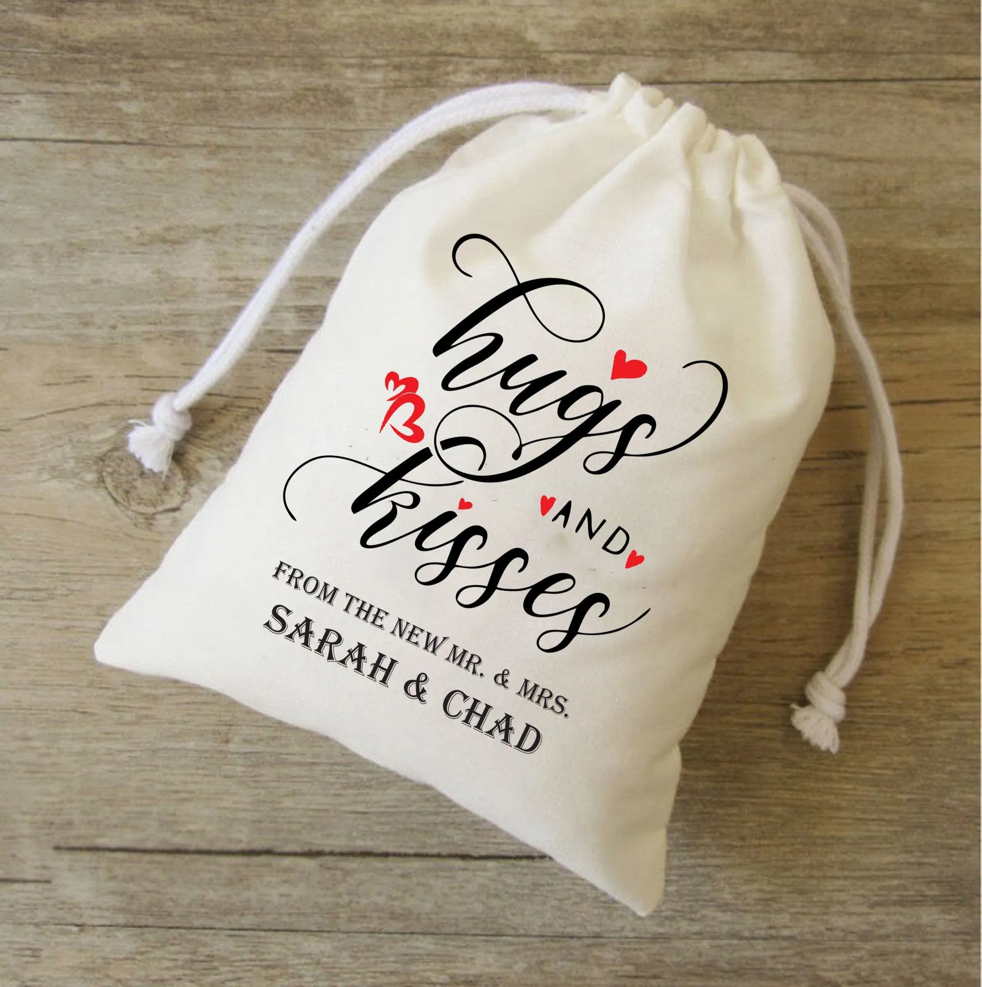 Set of 20-100 Hugs and Kisses from the new Mr. & Mrs. - Wedding Favour cotton Bags - Candy Bags for Wedding, gift bags, wedding welcome bags