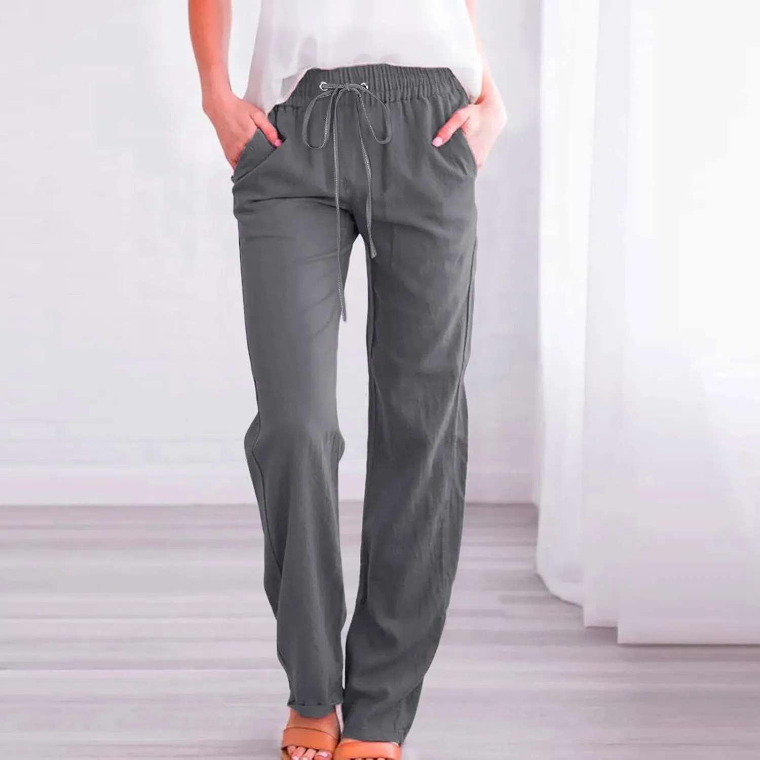 SHAOBGE Womens Casual Cotton Linen Pants Lightweight Summer Relax Fit Elastic Waist Straight Leg Solid Lounge Long Trousers