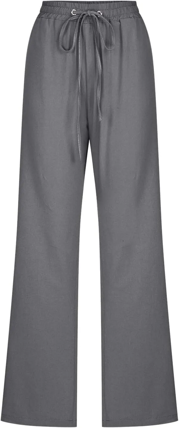 SHAOBGE Womens Casual Cotton Linen Pants Lightweight Summer Relax Fit Elastic Waist Straight Leg Solid Lounge Long Trousers