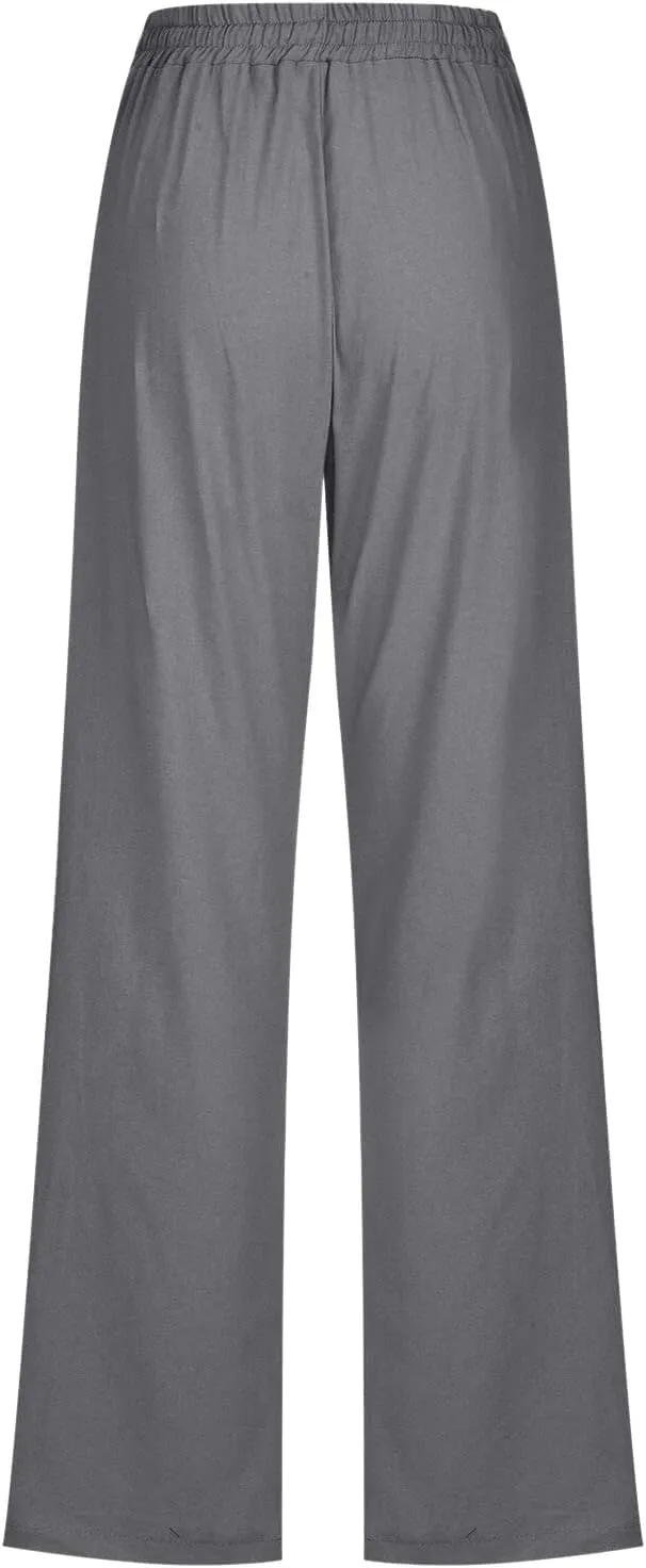 SHAOBGE Womens Casual Cotton Linen Pants Lightweight Summer Relax Fit Elastic Waist Straight Leg Solid Lounge Long Trousers