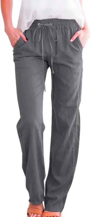SHAOBGE Womens Casual Cotton Linen Pants Lightweight Summer Relax Fit Elastic Waist Straight Leg Solid Lounge Long Trousers