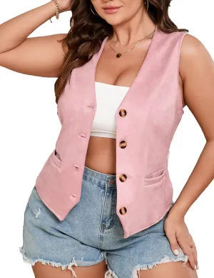 ShopWonder Womens Plus Size Button Vintage Vests Jacket V-Neck Faux Suede Cardigan Outerwear With Pockets