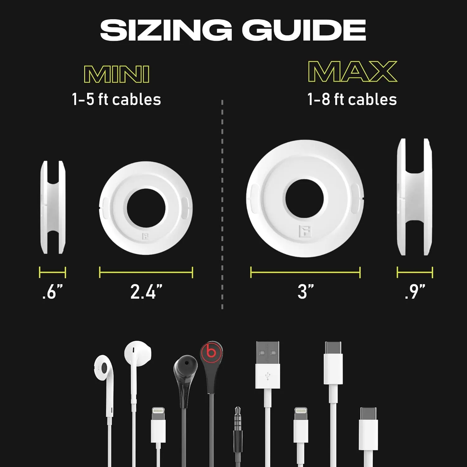 Side Winder Mini and Max Headphone, Earbud and Charging Cable Winder and Organizer Perfect for Wrapping Earbuds and Cords for Travel and Organization 4-Pack (White, Max)