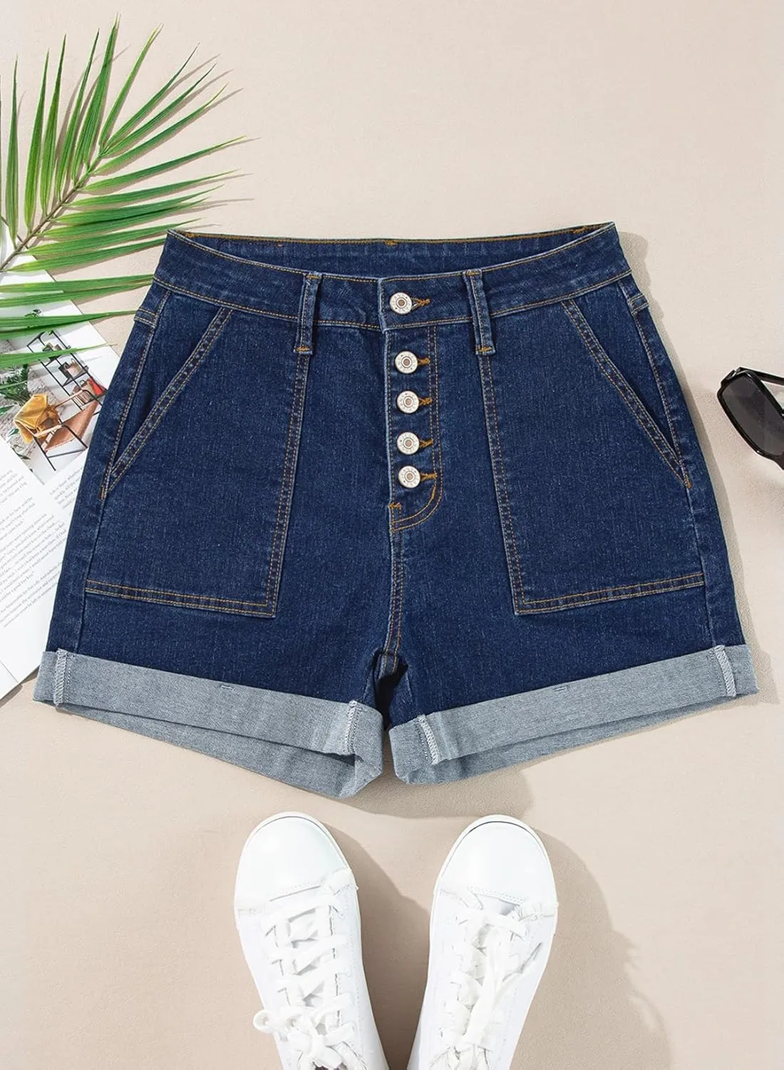 Sidefeel Womens Jean Shorts High Waisted Stretchy Buttoned Folded Hem Zimbaplatinum Denim Shorts