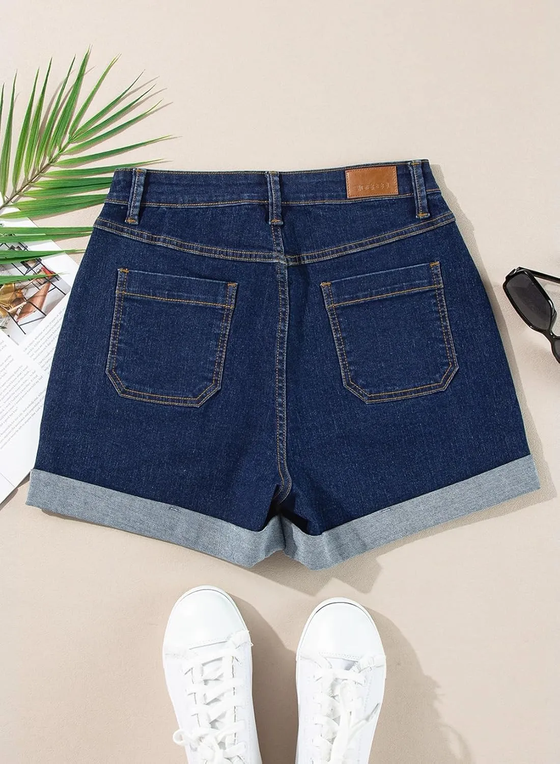 Sidefeel Womens Jean Shorts High Waisted Stretchy Buttoned Folded Hem Zimbaplatinum Denim Shorts