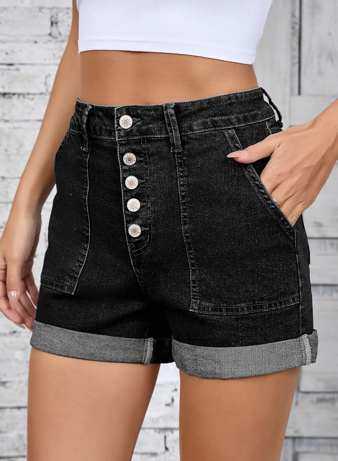 Sidefeel Womens Jean Shorts High Waisted Stretchy Buttoned Folded Hem Zimbaplatinum Denim Shorts