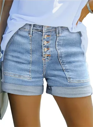 Sidefeel Womens Jean Shorts High Waisted Stretchy Buttoned Folded Hem Zimbaplatinum Denim Shorts