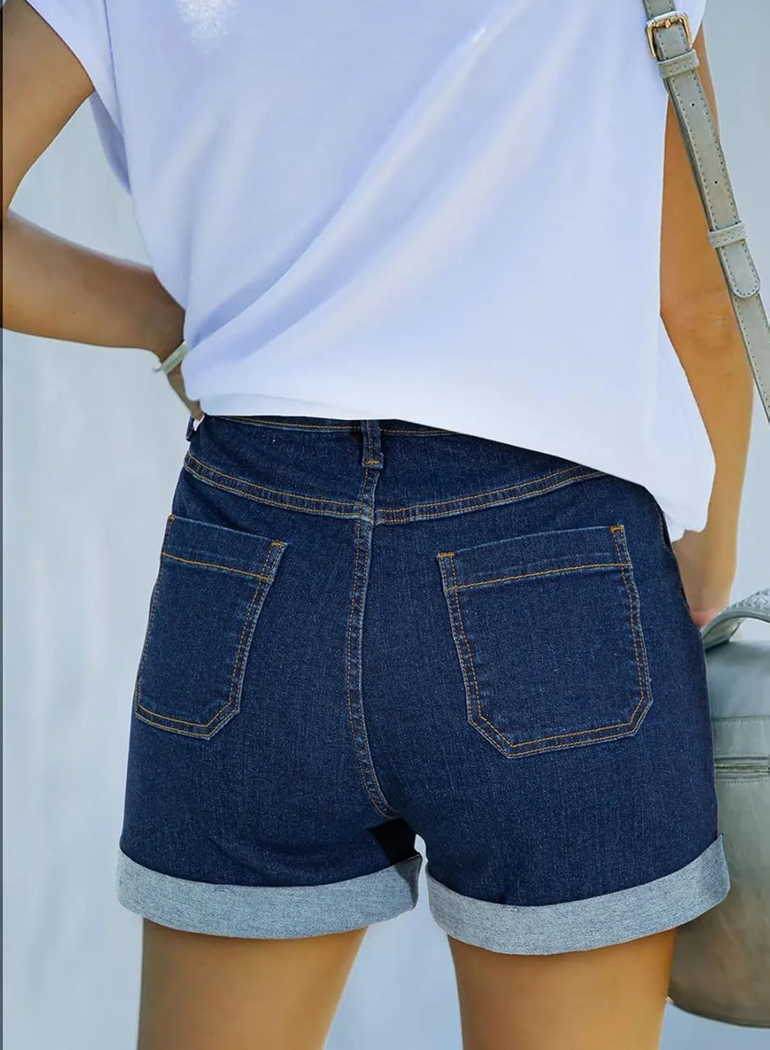 Sidefeel Womens Jean Shorts High Waisted Stretchy Buttoned Folded Hem Zimbaplatinum Denim Shorts