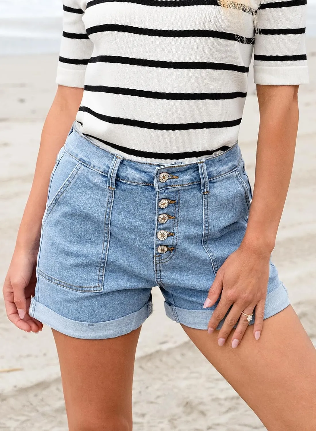 Sidefeel Womens Jean Shorts High Waisted Stretchy Buttoned Folded Hem Zimbaplatinum Denim Shorts