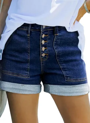 Sidefeel Womens Jean Shorts High Waisted Stretchy Buttoned Folded Hem Zimbaplatinum Denim Shorts
