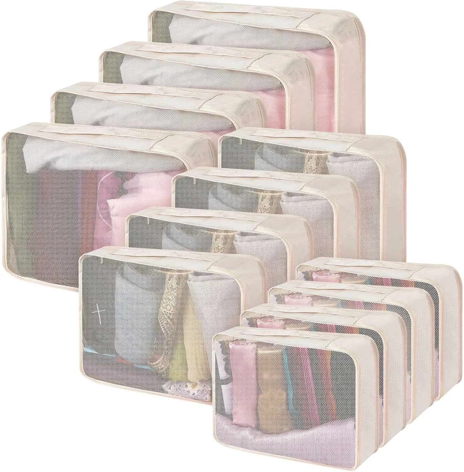 Silkfly 12 Pcs Packing Cubes for Suitcase Travel Luggage Bags Bulk Mesh Organizer Set for Hiking Camping Backpacking Clothes Accessories(Light Khaki, XL, L, M Size)