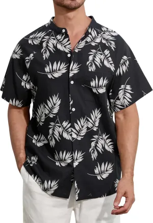 SILKWORLD Men's Cotton Linen Button Down Henley Shirts Short Sleeve Summer Hawaiian Shirts with Pocket