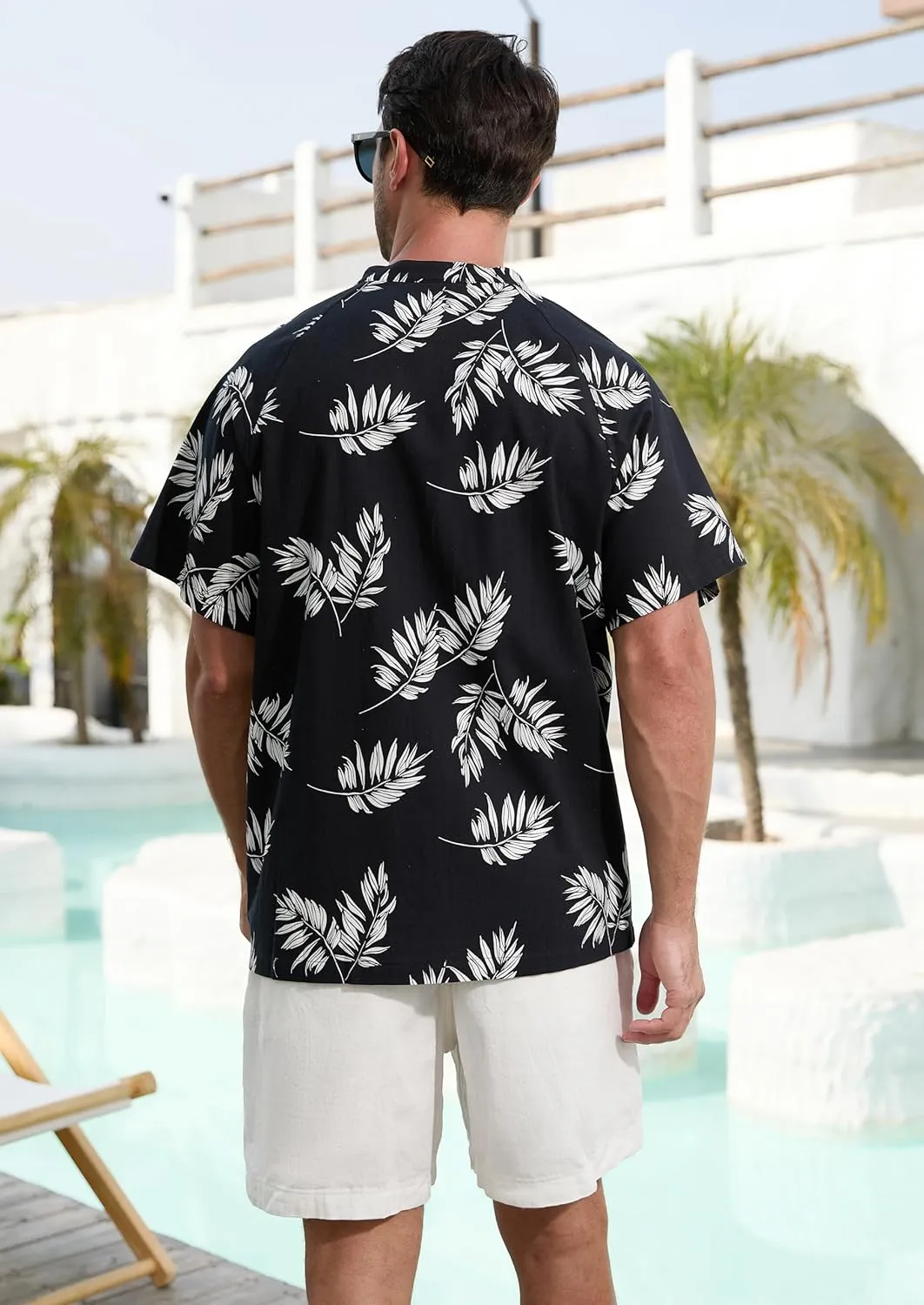 SILKWORLD Men's Cotton Linen Button Down Henley Shirts Short Sleeve Summer Hawaiian Shirts with Pocket