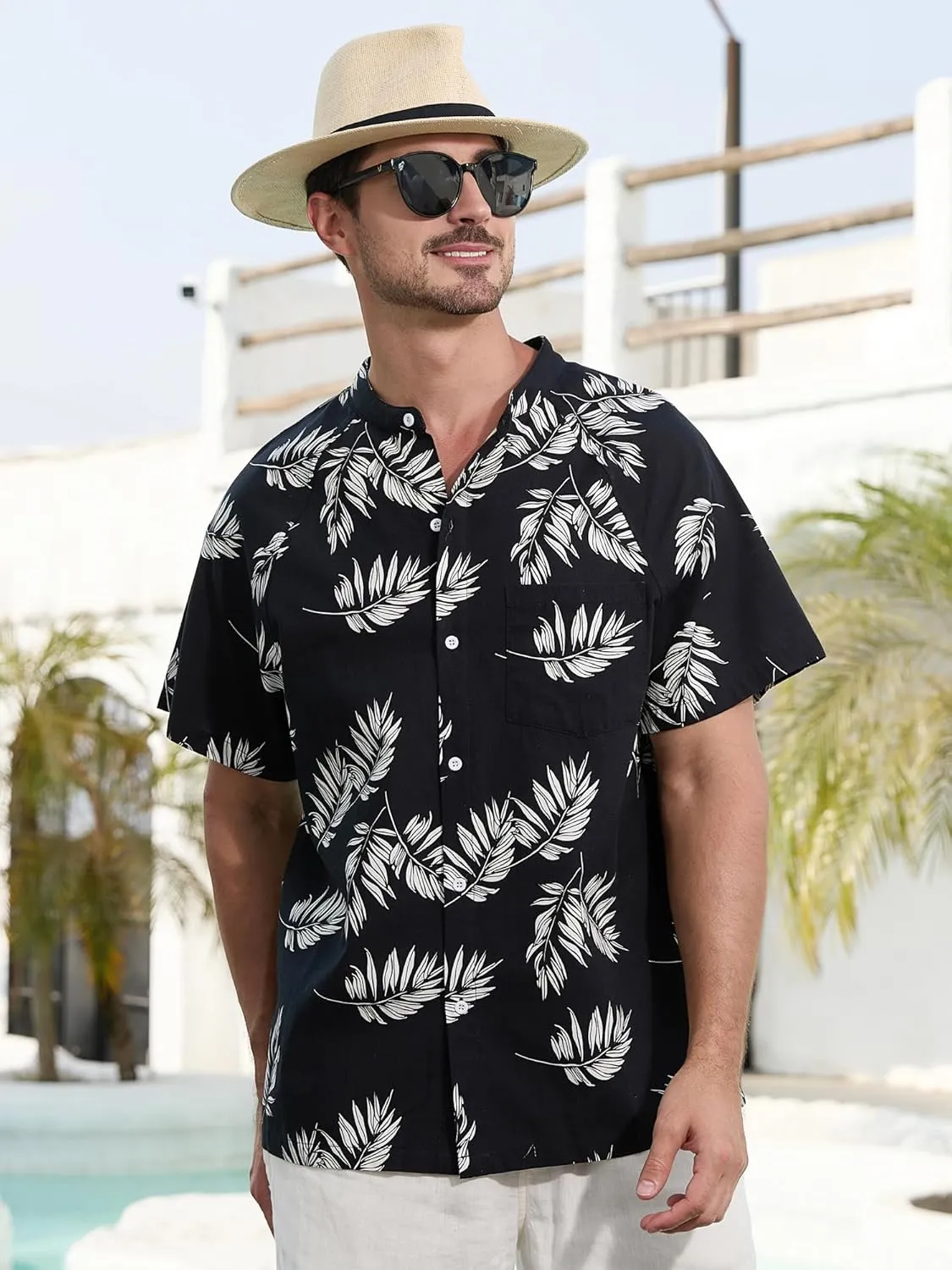 SILKWORLD Men's Cotton Linen Button Down Henley Shirts Short Sleeve Summer Hawaiian Shirts with Pocket