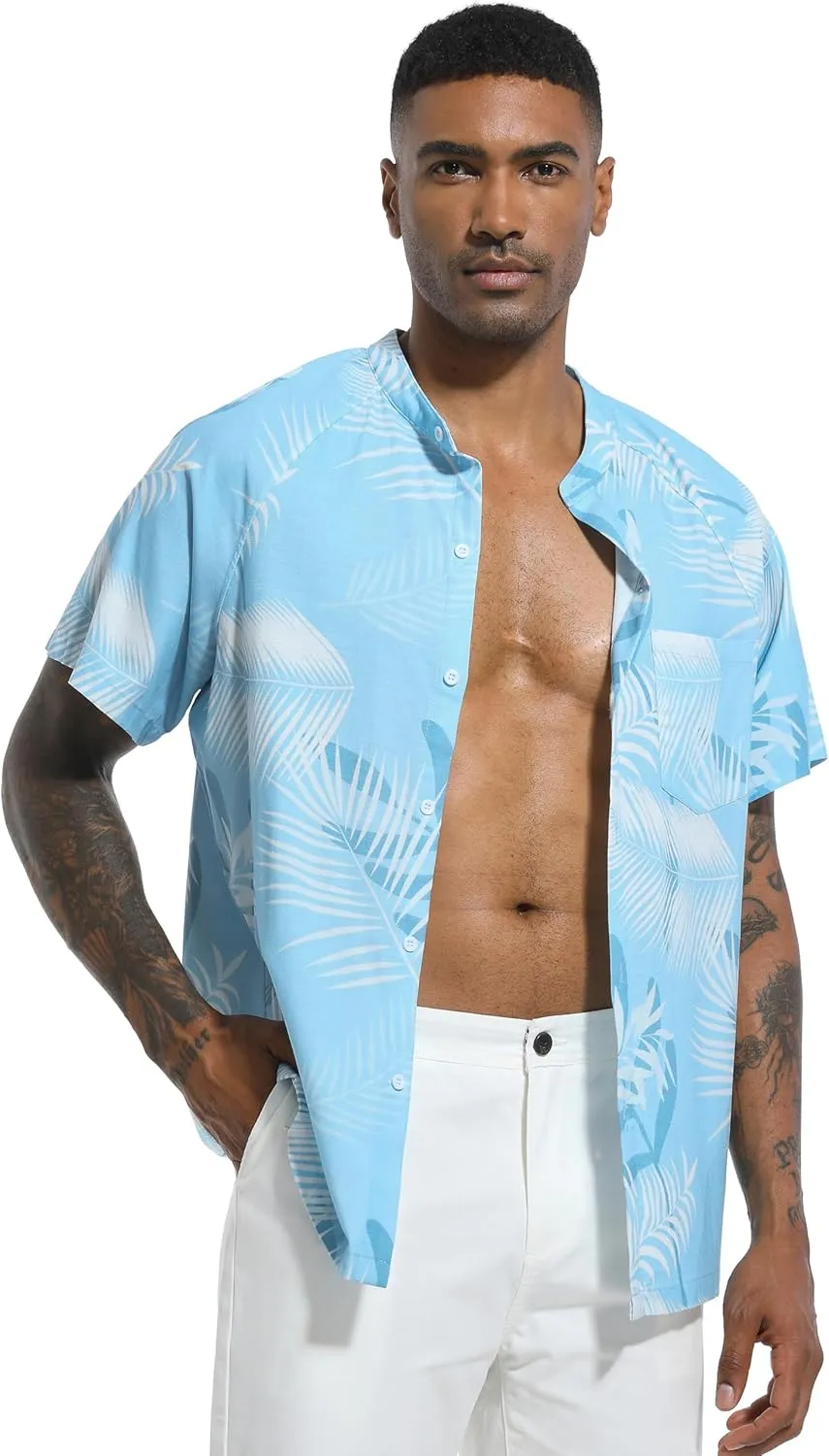 SILKWORLD Men's Cotton Linen Button Down Henley Shirts Short Sleeve Summer Hawaiian Shirts with Pocket