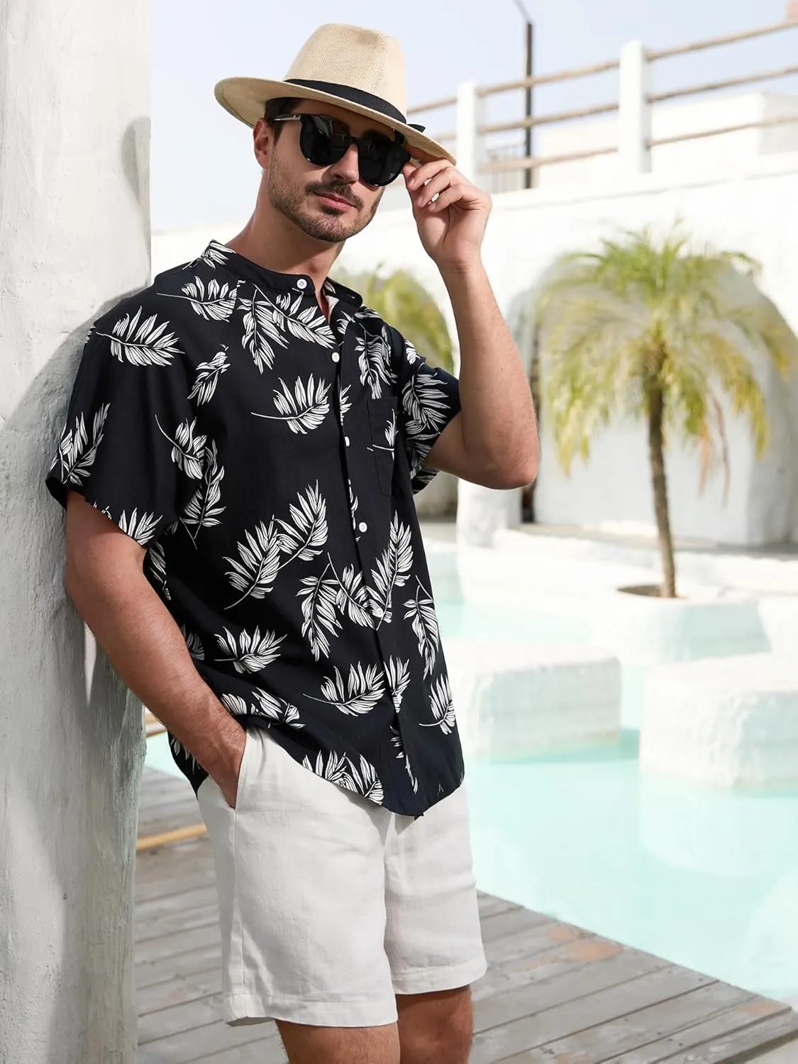 SILKWORLD Men's Cotton Linen Button Down Henley Shirts Short Sleeve Summer Hawaiian Shirts with Pocket