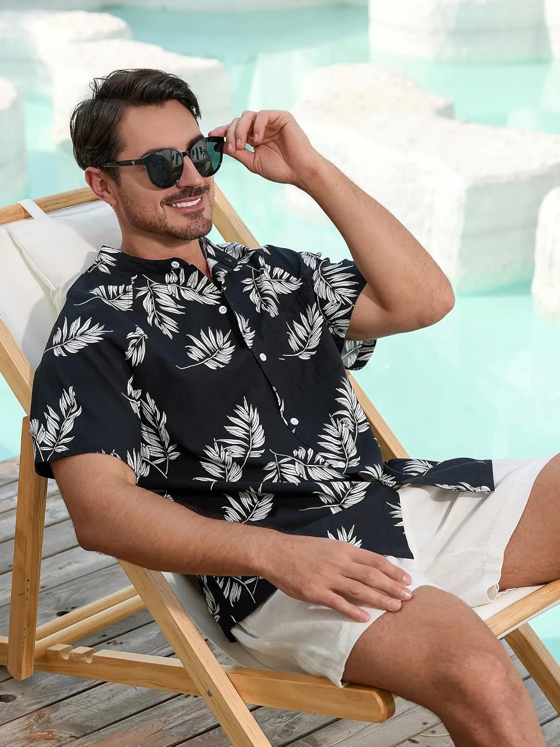 SILKWORLD Men's Cotton Linen Button Down Henley Shirts Short Sleeve Summer Hawaiian Shirts with Pocket