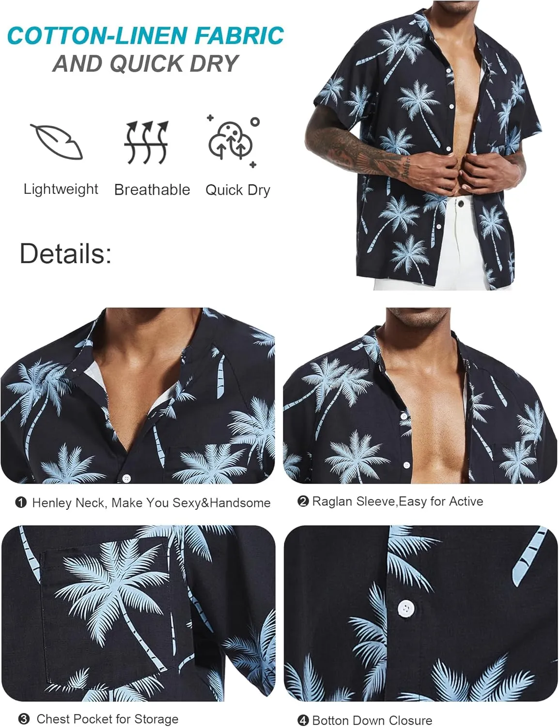 SILKWORLD Men's Cotton Linen Button Down Henley Shirts Short Sleeve Summer Hawaiian Shirts with Pocket