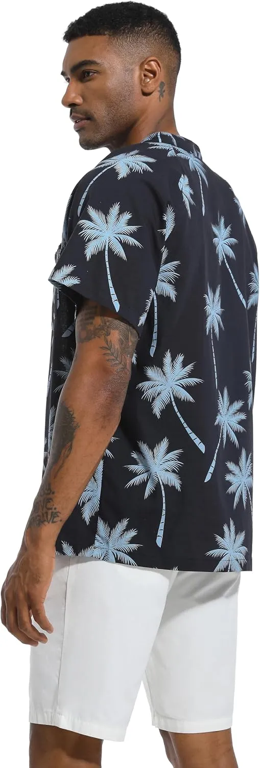 SILKWORLD Men's Cotton Linen Button Down Henley Shirts Short Sleeve Summer Hawaiian Shirts with Pocket