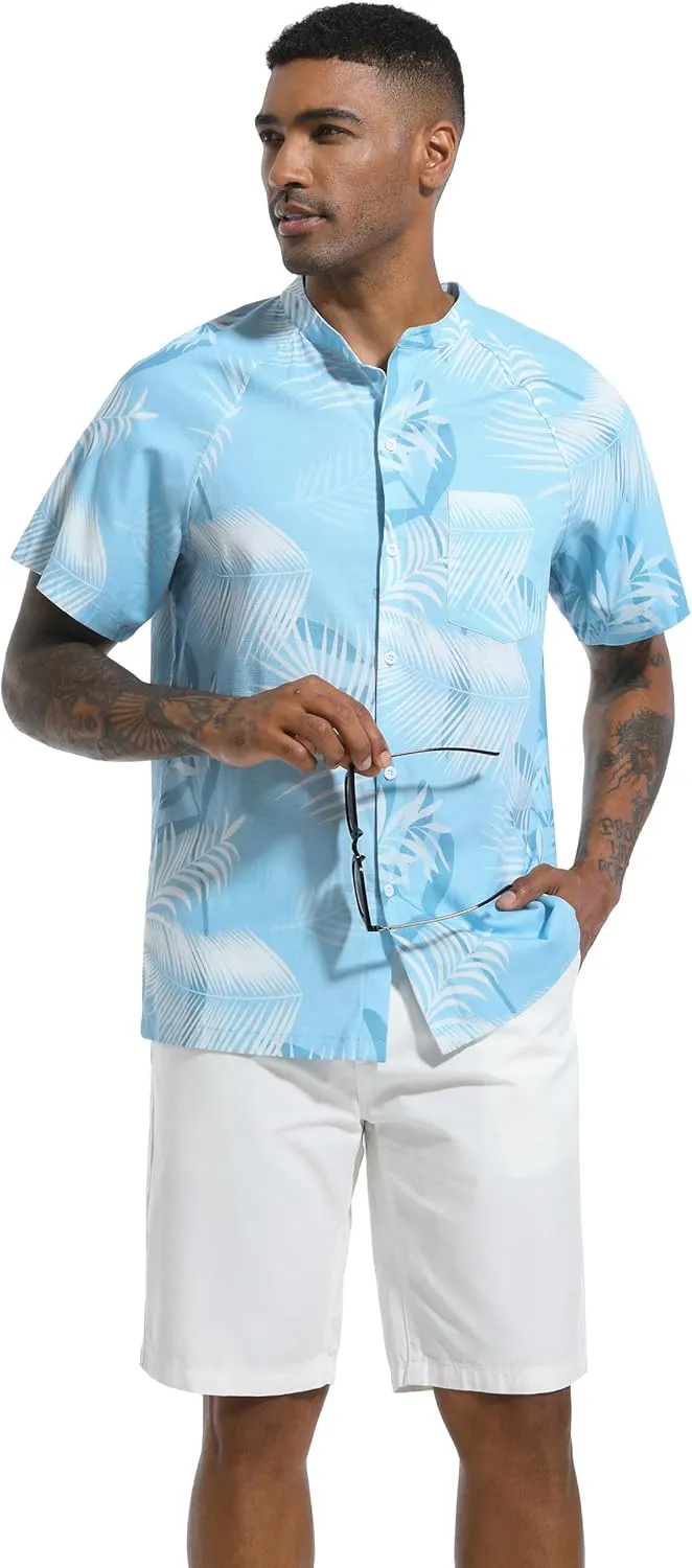 SILKWORLD Men's Cotton Linen Button Down Henley Shirts Short Sleeve Summer Hawaiian Shirts with Pocket