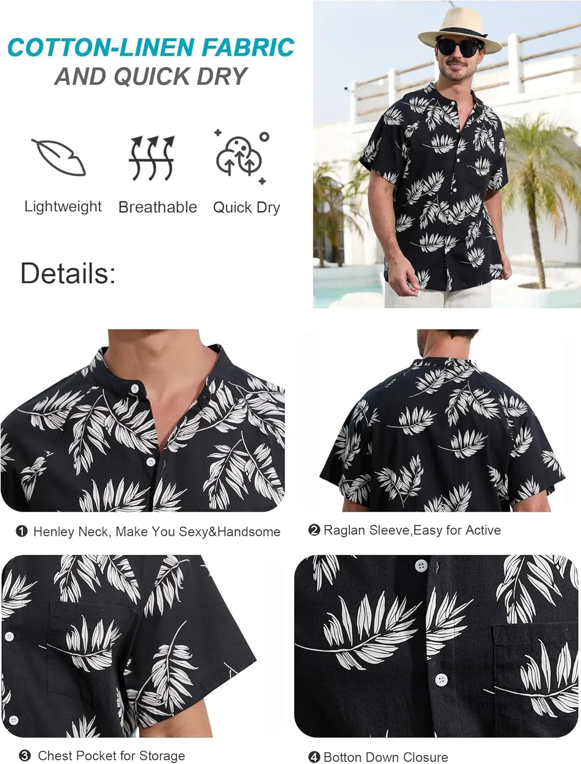 SILKWORLD Men's Cotton Linen Button Down Henley Shirts Short Sleeve Summer Hawaiian Shirts with Pocket