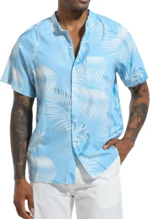 SILKWORLD Men's Cotton Linen Button Down Henley Shirts Short Sleeve Summer Hawaiian Shirts with Pocket