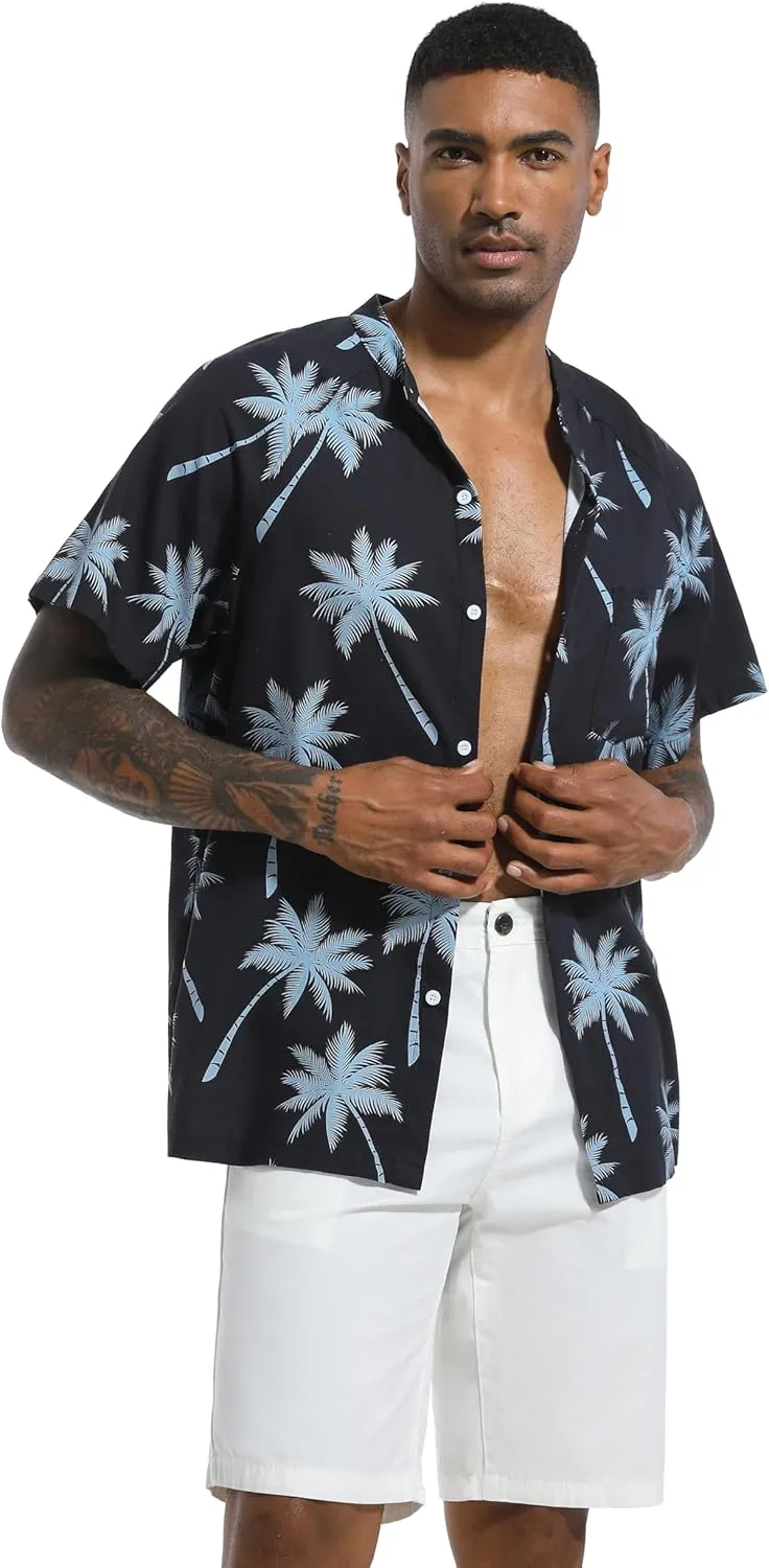 SILKWORLD Men's Cotton Linen Button Down Henley Shirts Short Sleeve Summer Hawaiian Shirts with Pocket