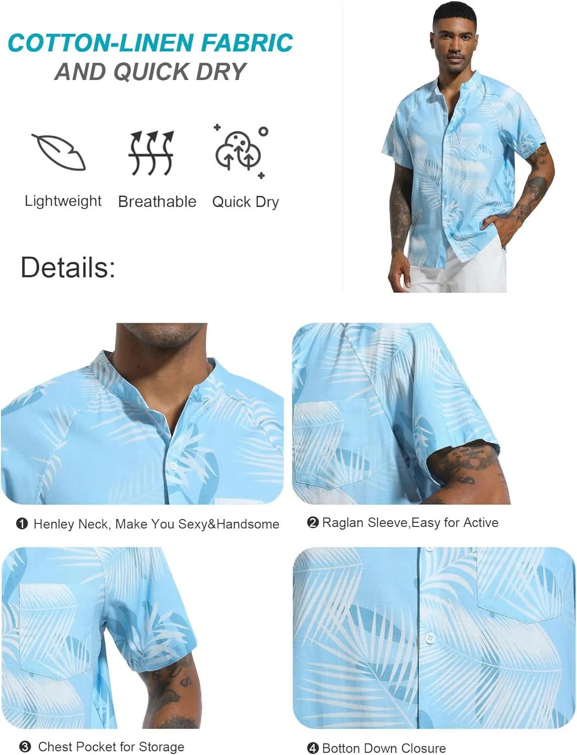 SILKWORLD Men's Cotton Linen Button Down Henley Shirts Short Sleeve Summer Hawaiian Shirts with Pocket