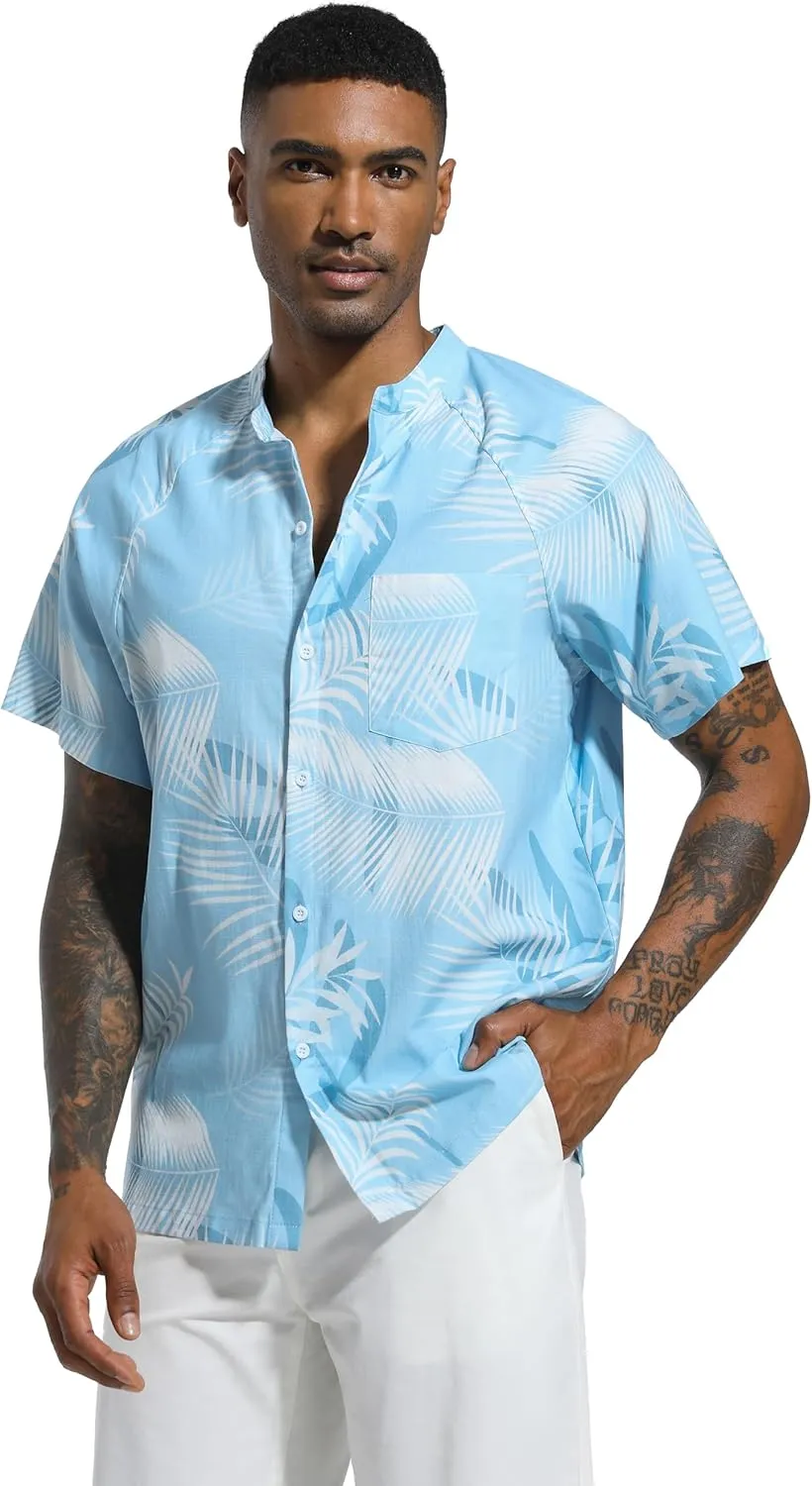 SILKWORLD Men's Cotton Linen Button Down Henley Shirts Short Sleeve Summer Hawaiian Shirts with Pocket