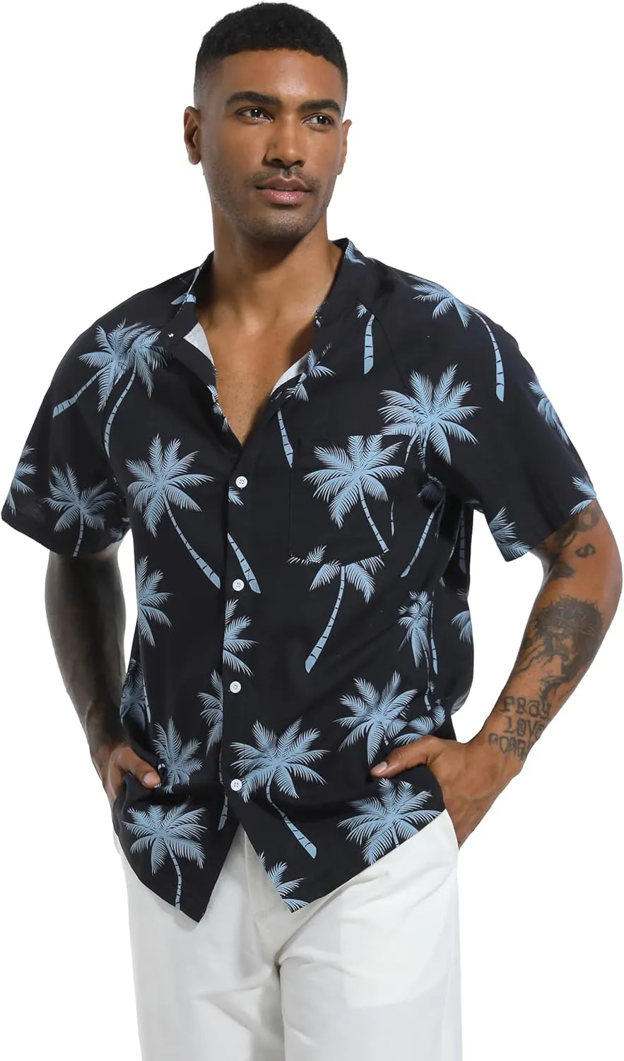 SILKWORLD Men's Cotton Linen Button Down Henley Shirts Short Sleeve Summer Hawaiian Shirts with Pocket