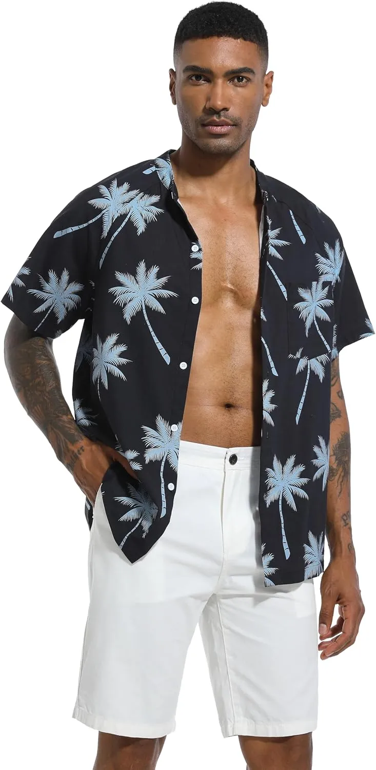 SILKWORLD Men's Cotton Linen Button Down Henley Shirts Short Sleeve Summer Hawaiian Shirts with Pocket