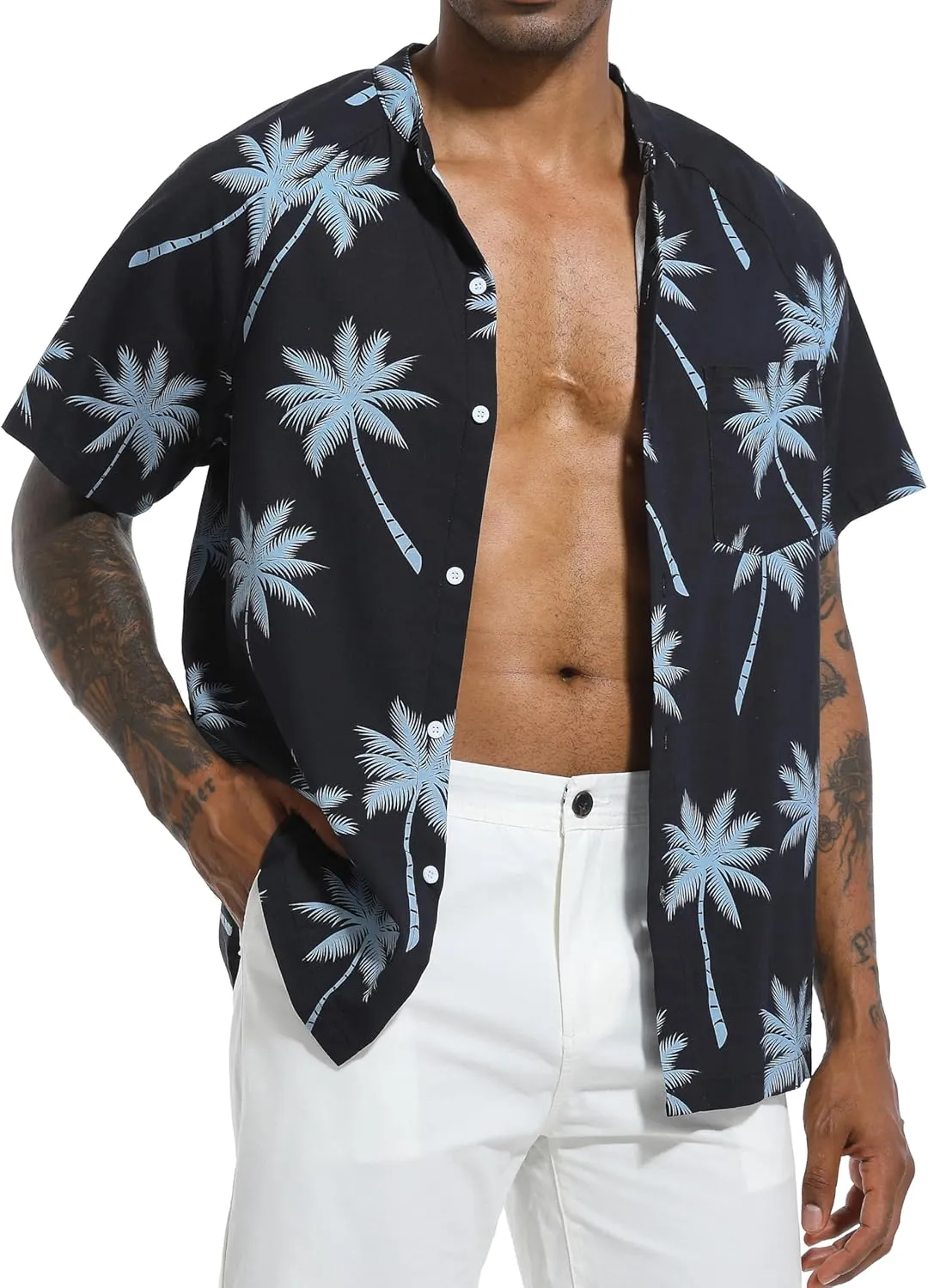 SILKWORLD Men's Cotton Linen Button Down Henley Shirts Short Sleeve Summer Hawaiian Shirts with Pocket