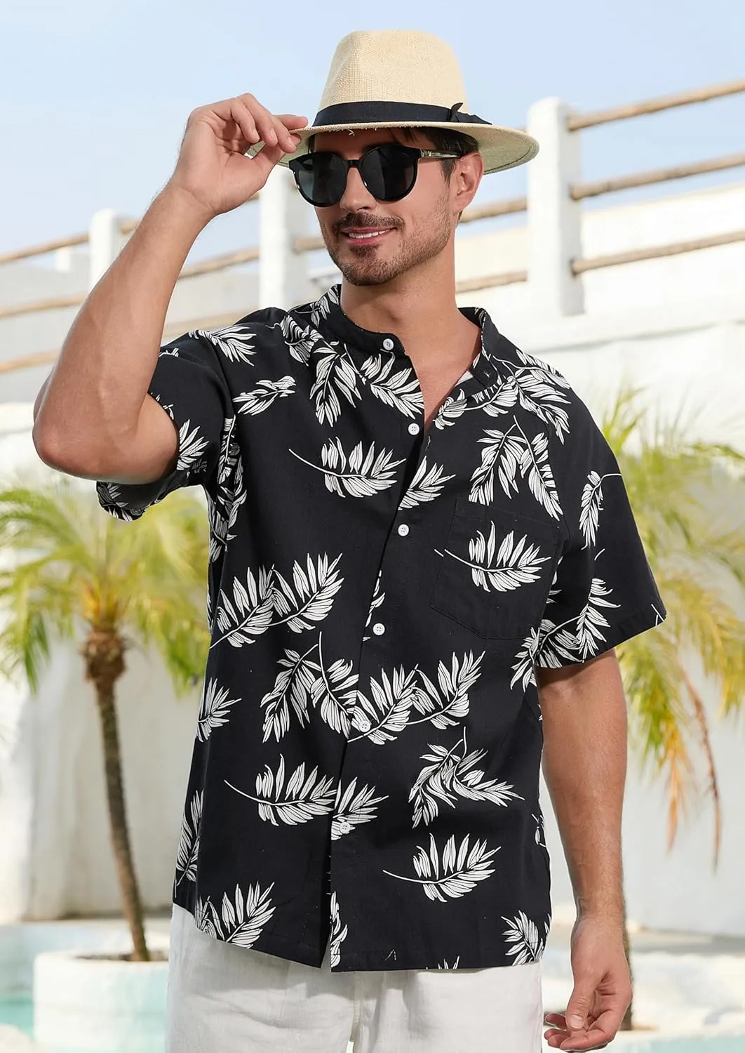 SILKWORLD Men's Cotton Linen Button Down Henley Shirts Short Sleeve Summer Hawaiian Shirts with Pocket