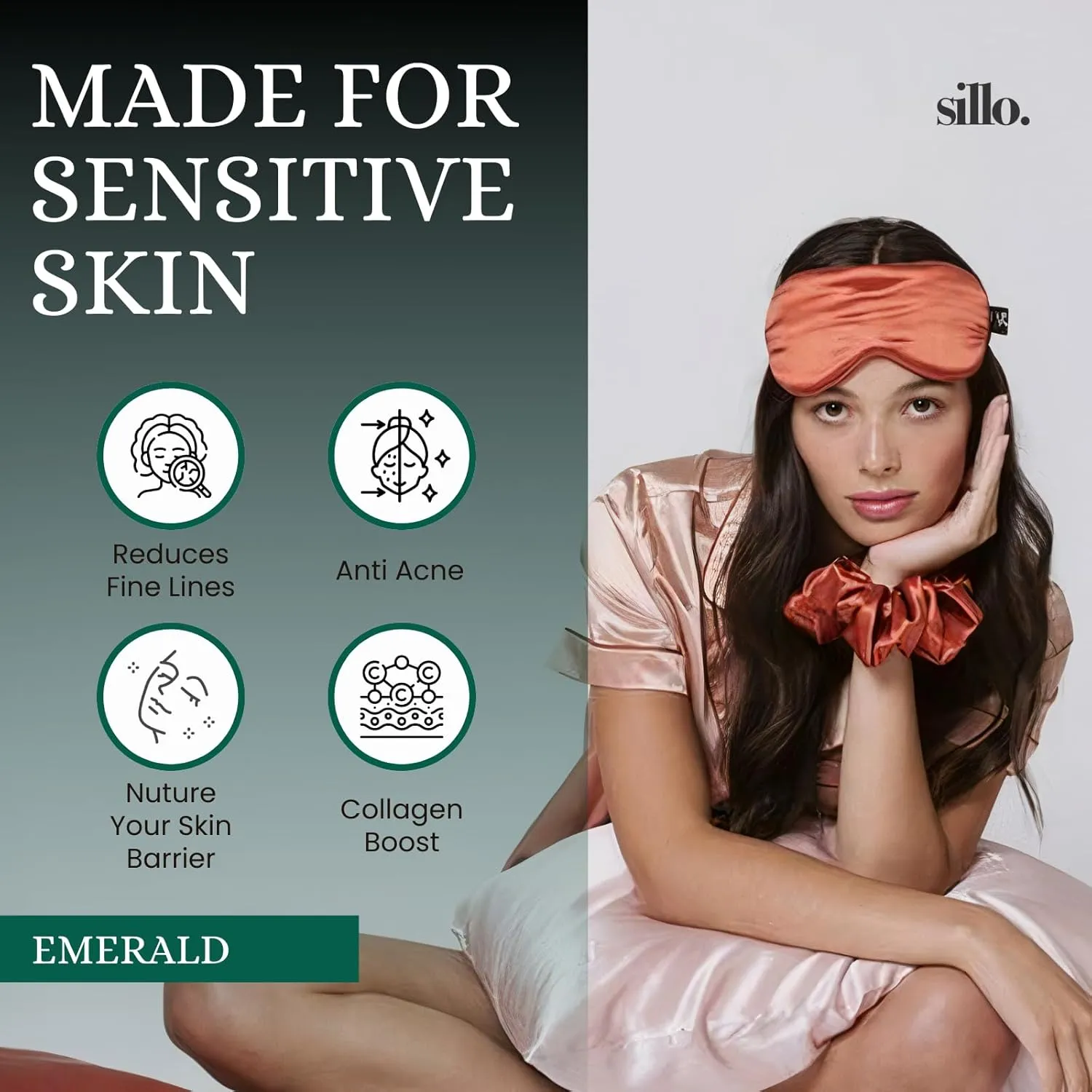 Sillo Silk Pillow Cases 2 Pack with Wash Bag – Silver-Infused Anti-Acne Pillow Cases for Acne-Prone Skin, 22 Momme 6A Mulberry Silk for Hair & Skin, Hypoallergenic, Queen (Emerald Green)