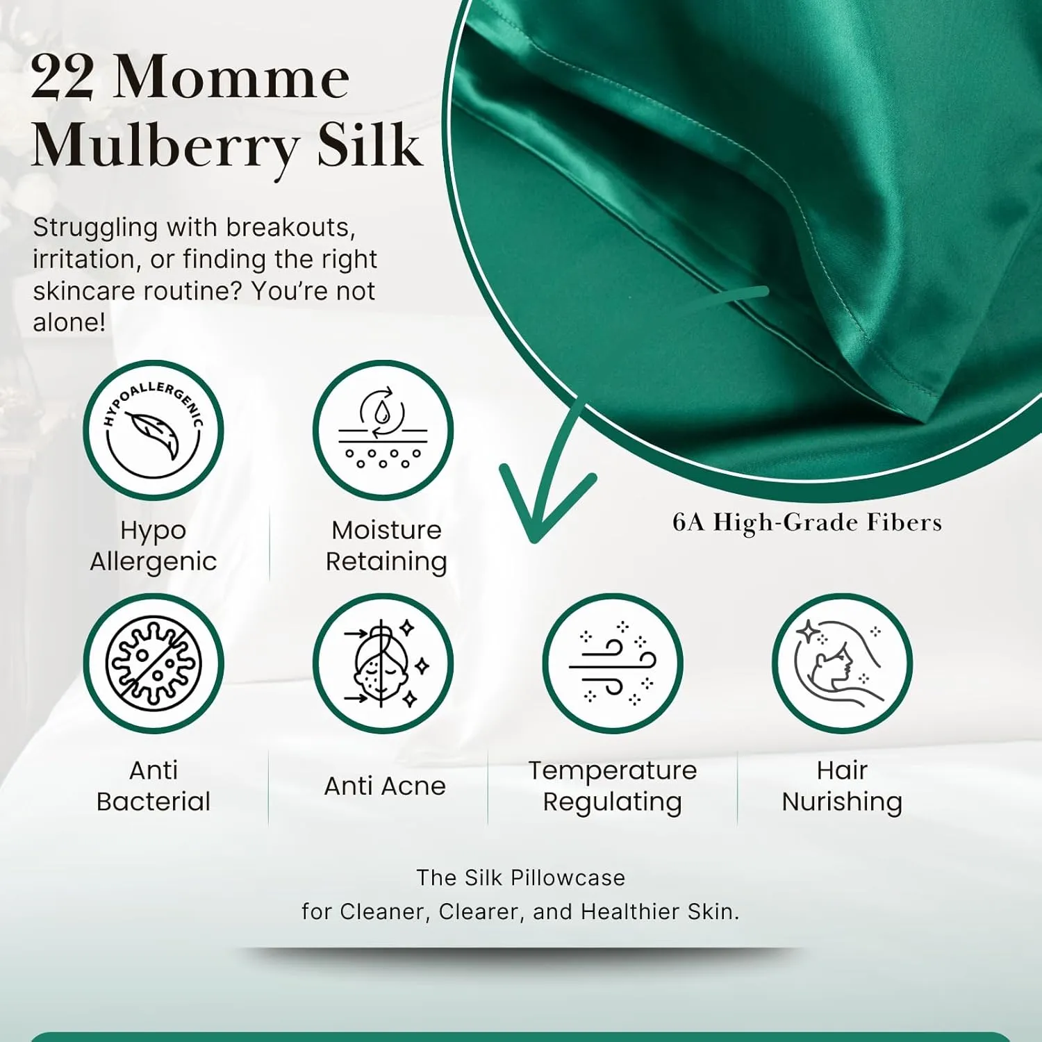 Sillo Silk Pillow Cases 2 Pack with Wash Bag – Silver-Infused Anti-Acne Pillow Cases for Acne-Prone Skin, 22 Momme 6A Mulberry Silk for Hair & Skin, Hypoallergenic, Queen (Emerald Green)