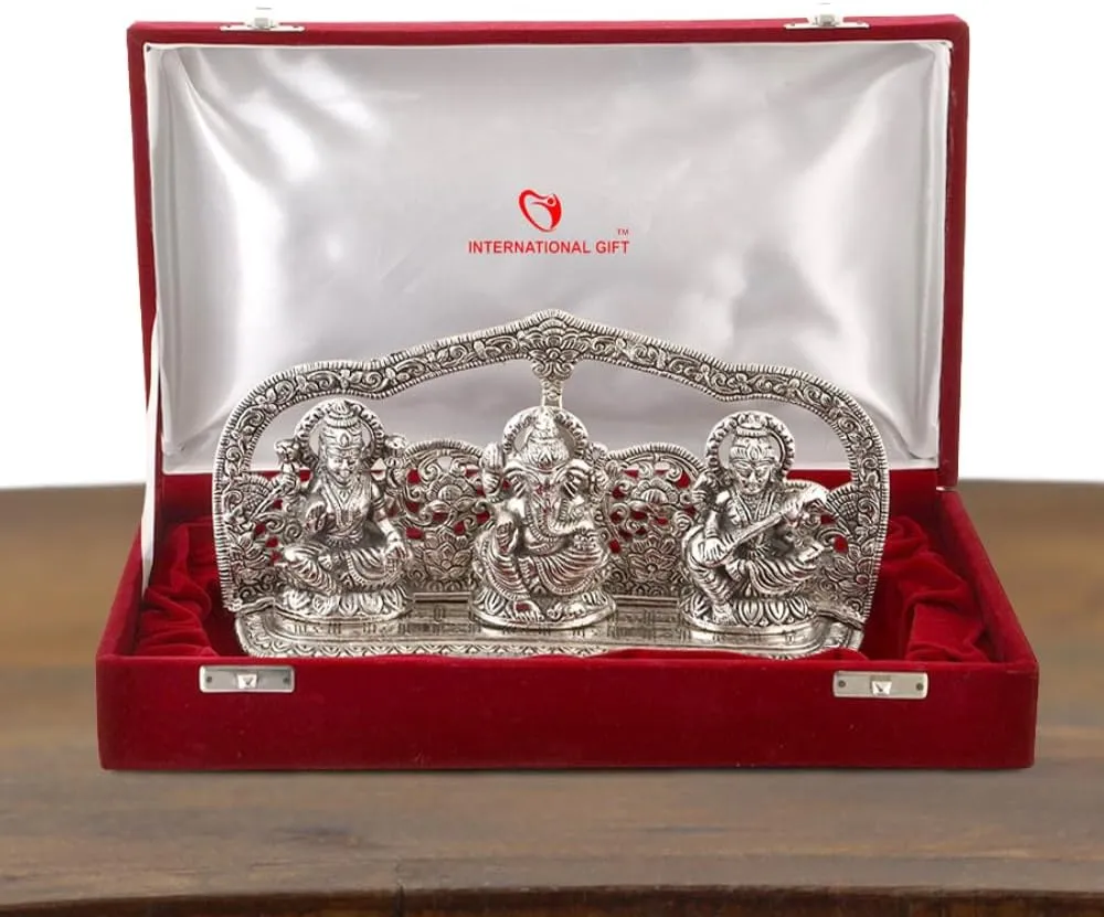 Silver Plated Laxmi Ganesh Saraswati Idol Statue with Velvet Box & Carry Bag | for Pooja, Mandir & Return Gift Showpiece