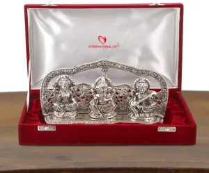Silver Plated Laxmi Ganesh Saraswati Idol Statue with Velvet Box & Carry Bag | for Pooja, Mandir & Return Gift Showpiece