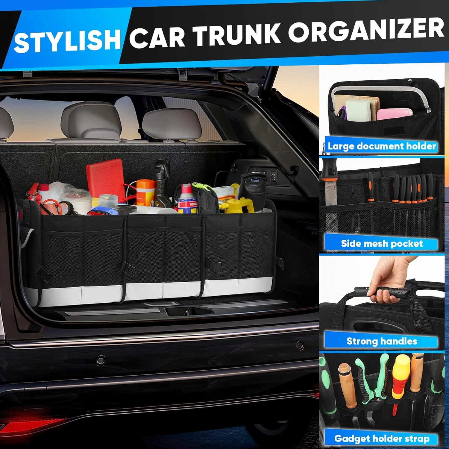 Simniam Large Car Trunk Organizer - with 5 Compartments Trunk Organizers and Storage SUV, Reinforced Handle, Securing Straps, Trunk Organizer Available for Car, SUV, Truck, Minivan