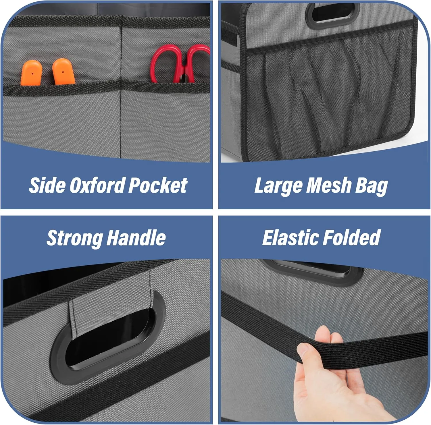 Simple Deluxe Car Trunk Organizer for SUV, Collapsible 2 Compartment 50L Automotive Storage Box with 5 Pocket, 600D Waterproof Oxford Polyester & Non Slip Bottom, Reinforced Handle, Grey