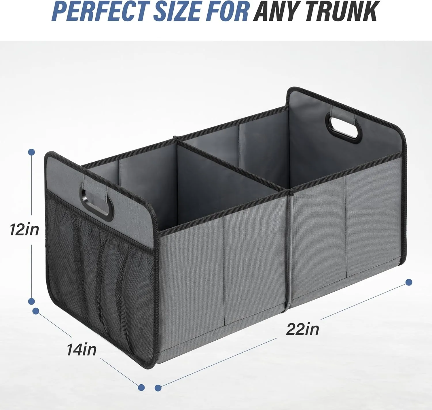 Simple Deluxe Car Trunk Organizer for SUV, Collapsible 2 Compartment 50L Automotive Storage Box with 5 Pocket, 600D Waterproof Oxford Polyester & Non Slip Bottom, Reinforced Handle, Grey