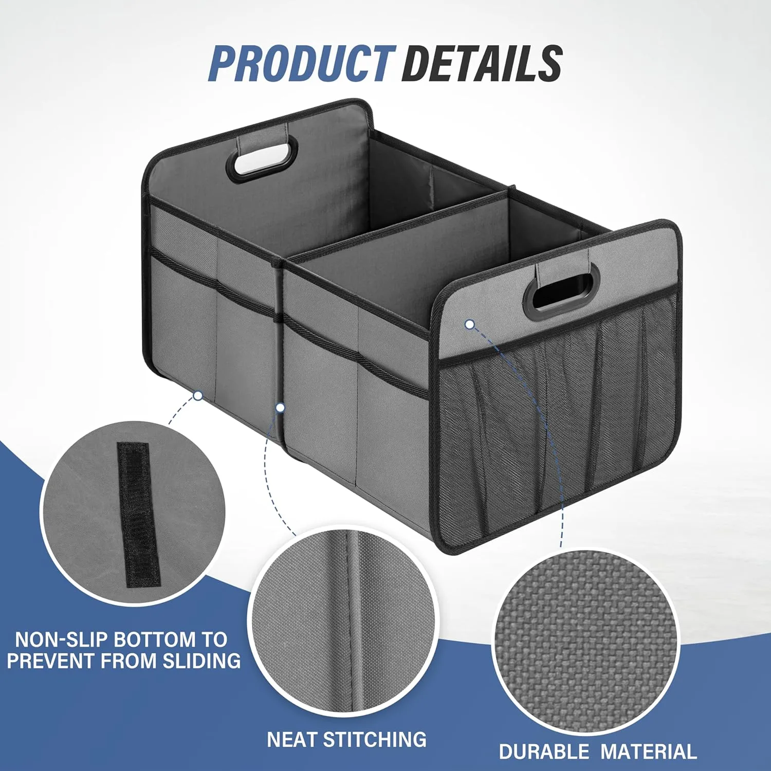 Simple Deluxe Car Trunk Organizer for SUV, Collapsible 2 Compartment 50L Automotive Storage Box with 5 Pocket, 600D Waterproof Oxford Polyester & Non Slip Bottom, Reinforced Handle, Grey