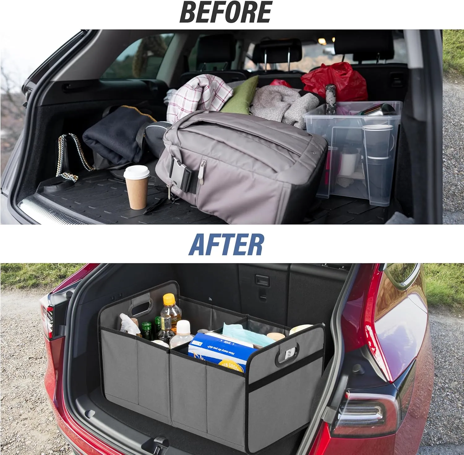 Simple Deluxe Car Trunk Organizer for SUV, Collapsible 2 Compartment 50L Automotive Storage Box with 5 Pocket, 600D Waterproof Oxford Polyester & Non Slip Bottom, Reinforced Handle, Grey